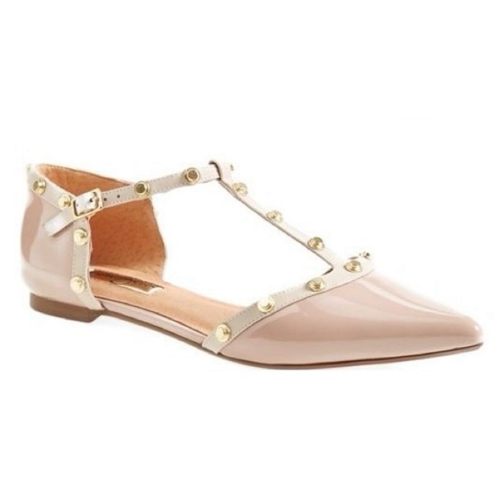 Halogen Olsen Pointy Toe Beige Patent Leather Studded T-Strap Flats